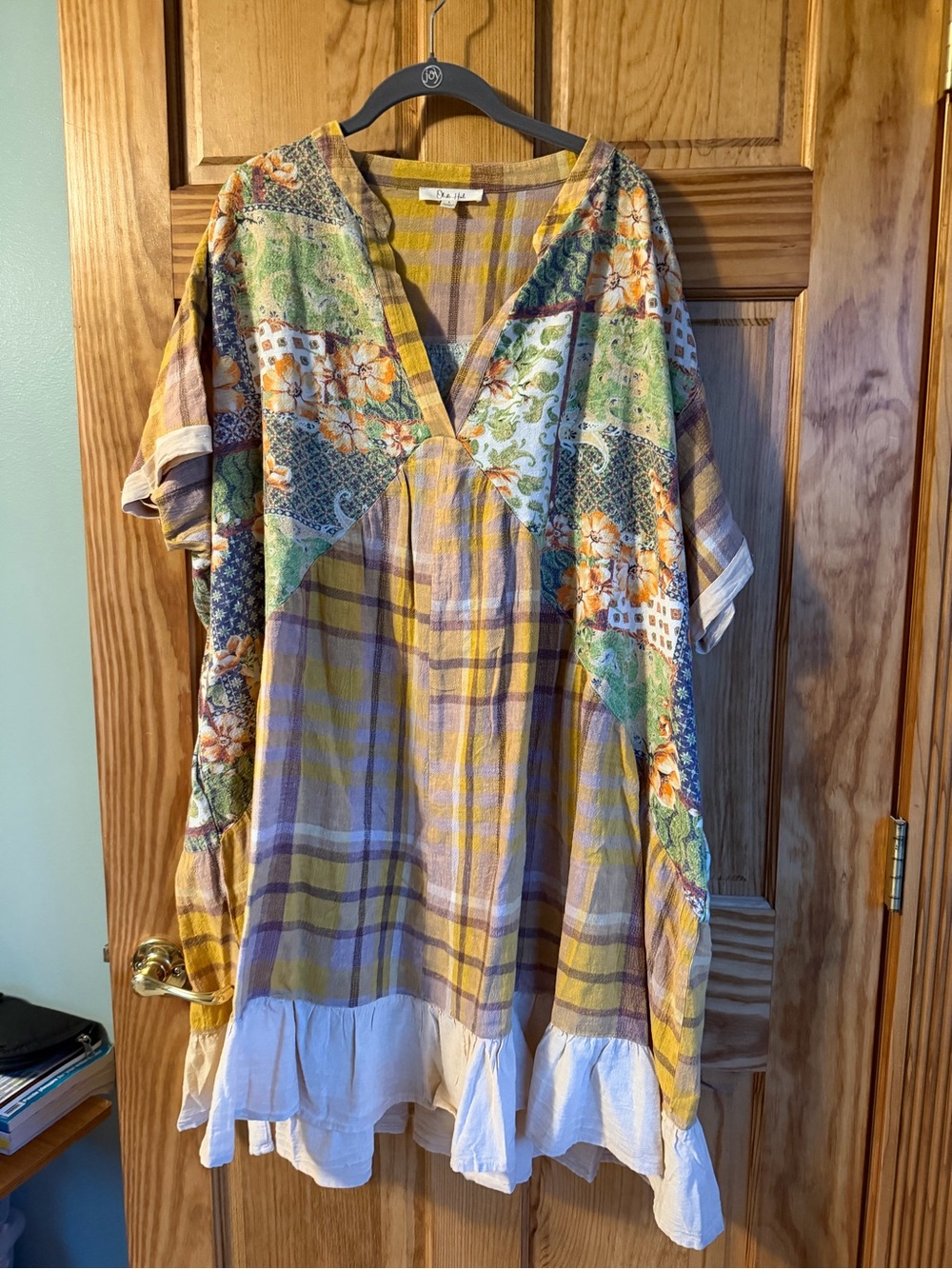 Oli & Hali Yellow Plaid and Floral Midi Dress with White Ruffle Hem